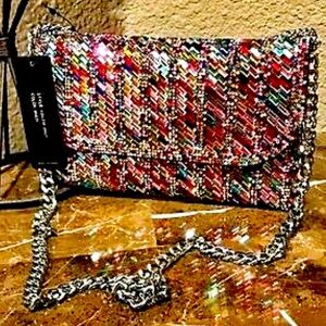 Celina Multicolor Rhinestone Bead & Sequins Detachable Chain Flap Bag NWT